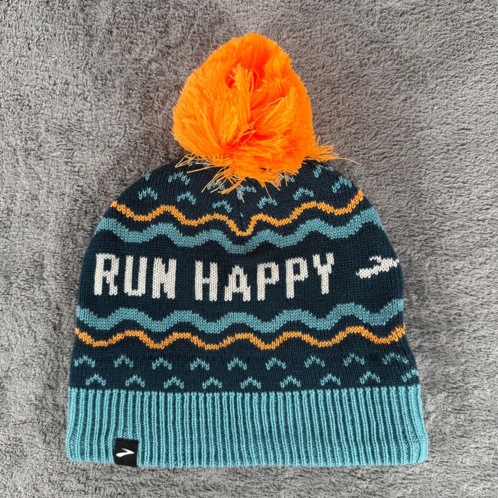 Brooks Heritage Pom Beanie Storm Blue Run Happy OSFA Fleece Lined